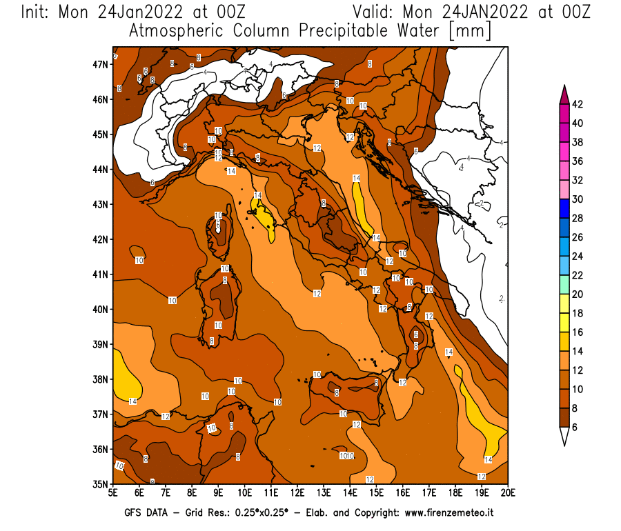 Mappa di analisi GFS - Precipitable Water [mm] in Italia
							del 24/01/2022 00 <!--googleoff: index-->UTC<!--googleon: index-->