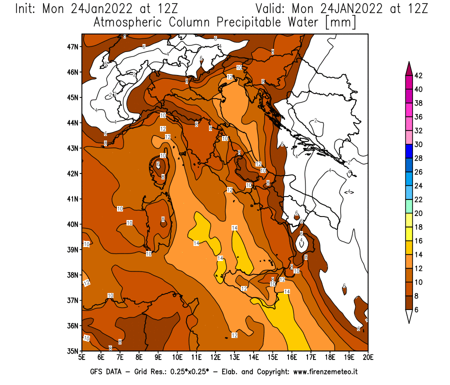Mappa di analisi GFS - Precipitable Water [mm] in Italia
							del 24/01/2022 12 <!--googleoff: index-->UTC<!--googleon: index-->