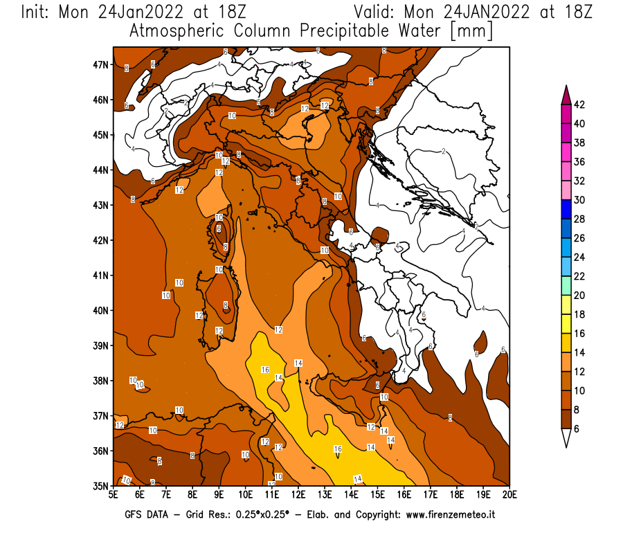 Mappa di analisi GFS - Precipitable Water [mm] in Italia
							del 24/01/2022 18 <!--googleoff: index-->UTC<!--googleon: index-->