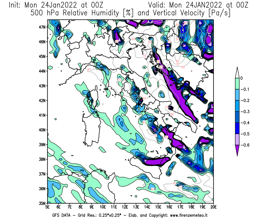 Mappa di analisi GFS - Umidità relativa [%] e Omega [Pa/s] a 500 hPa in Italia
							del 24/01/2022 00 <!--googleoff: index-->UTC<!--googleon: index-->