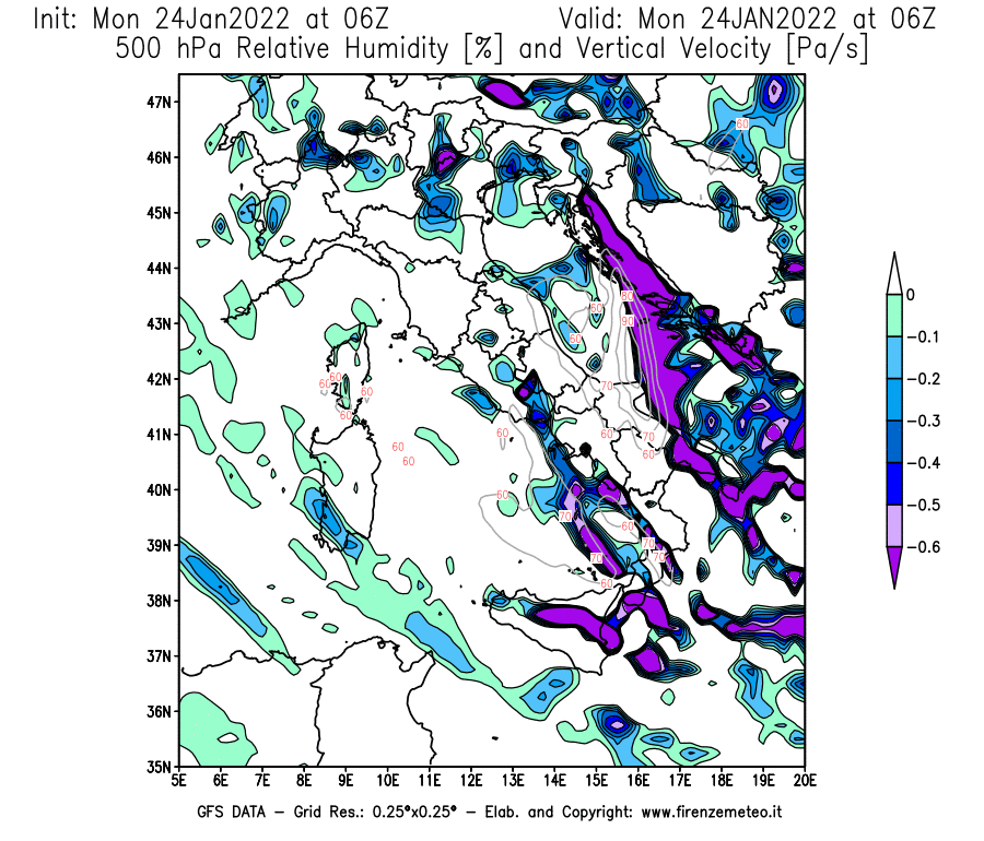 Mappa di analisi GFS - Umidità relativa [%] e Omega [Pa/s] a 500 hPa in Italia
							del 24/01/2022 06 <!--googleoff: index-->UTC<!--googleon: index-->