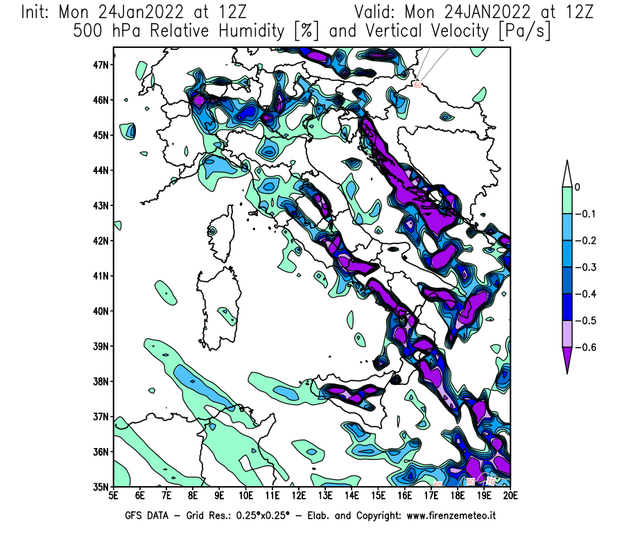 Mappa di analisi GFS - Umidità relativa [%] e Omega [Pa/s] a 500 hPa in Italia
							del 24/01/2022 12 <!--googleoff: index-->UTC<!--googleon: index-->