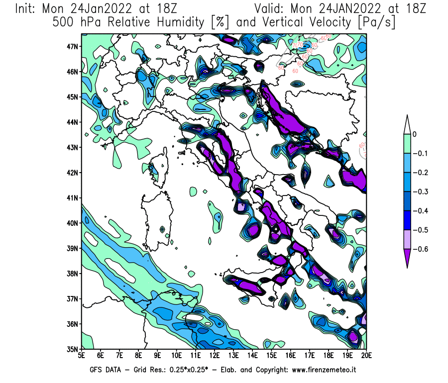 Mappa di analisi GFS - Umidità relativa [%] e Omega [Pa/s] a 500 hPa in Italia
							del 24/01/2022 18 <!--googleoff: index-->UTC<!--googleon: index-->