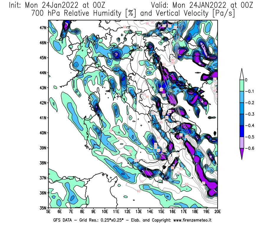 Mappa di analisi GFS - Umidità relativa [%] e Omega [Pa/s] a 700 hPa in Italia
							del 24/01/2022 00 <!--googleoff: index-->UTC<!--googleon: index-->