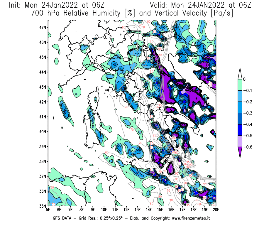 Mappa di analisi GFS - Umidità relativa [%] e Omega [Pa/s] a 700 hPa in Italia
							del 24/01/2022 06 <!--googleoff: index-->UTC<!--googleon: index-->