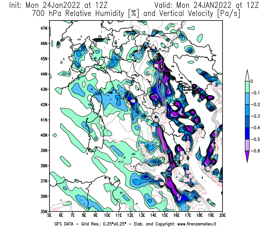 Mappa di analisi GFS - Umidità relativa [%] e Omega [Pa/s] a 700 hPa in Italia
							del 24/01/2022 12 <!--googleoff: index-->UTC<!--googleon: index-->