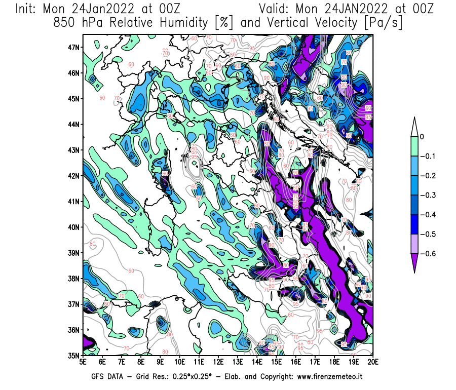 Mappa di analisi GFS - Umidità relativa [%] e Omega [Pa/s] a 850 hPa in Italia
							del 24/01/2022 00 <!--googleoff: index-->UTC<!--googleon: index-->