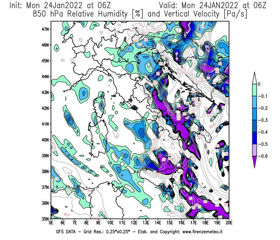 Mappa di analisi GFS - Umidità relativa [%] e Omega [Pa/s] a 850 hPa in Italia
							del 24/01/2022 06 <!--googleoff: index-->UTC<!--googleon: index-->