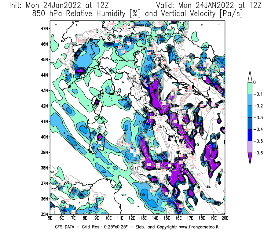 Mappa di analisi GFS - Umidità relativa [%] e Omega [Pa/s] a 850 hPa in Italia
							del 24/01/2022 12 <!--googleoff: index-->UTC<!--googleon: index-->
