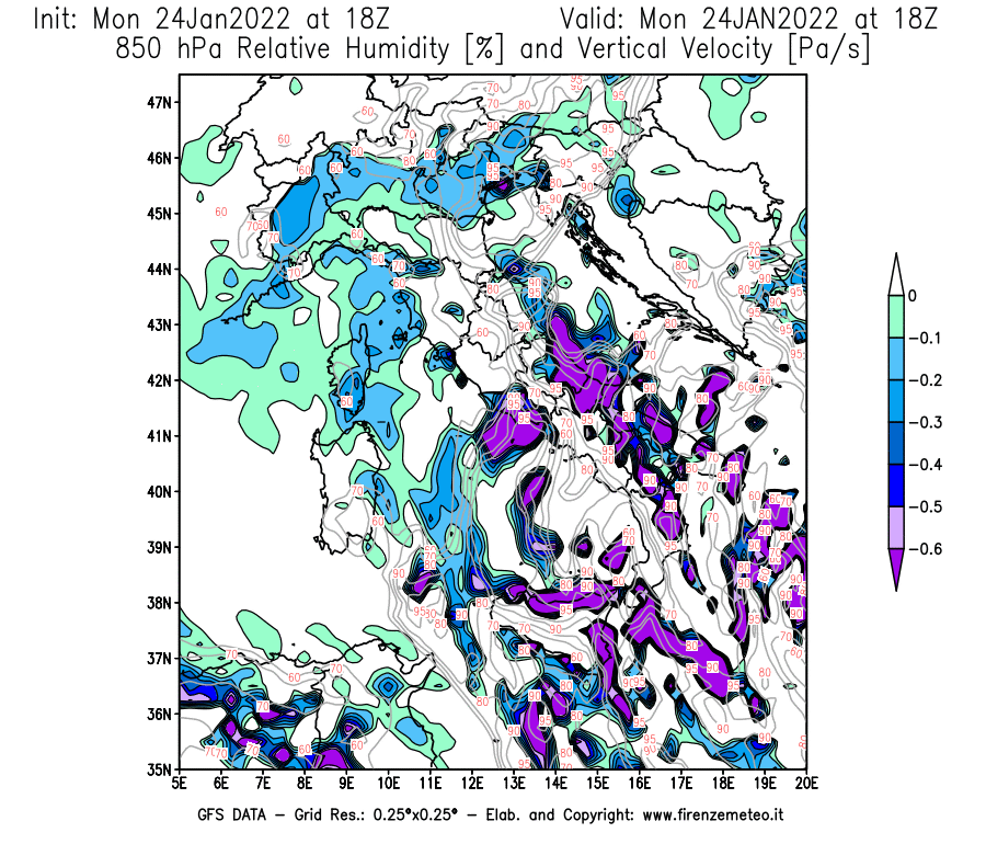 Mappa di analisi GFS - Umidità relativa [%] e Omega [Pa/s] a 850 hPa in Italia
							del 24/01/2022 18 <!--googleoff: index-->UTC<!--googleon: index-->