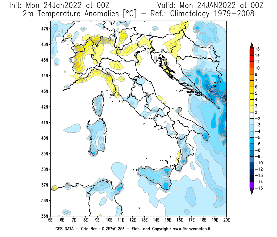 Mappa di analisi GFS - Anomalia Temperatura [°C] a 2 m in Italia
							del 24/01/2022 00 <!--googleoff: index-->UTC<!--googleon: index-->