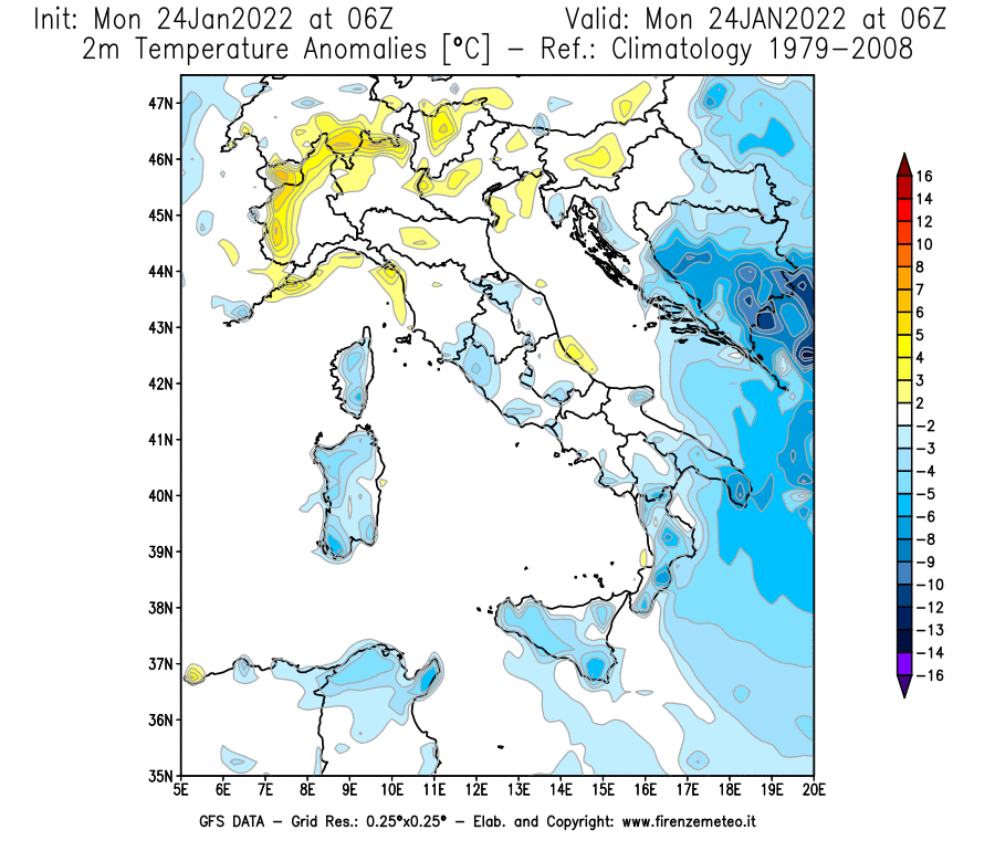 Mappa di analisi GFS - Anomalia Temperatura [°C] a 2 m in Italia
							del 24/01/2022 06 <!--googleoff: index-->UTC<!--googleon: index-->