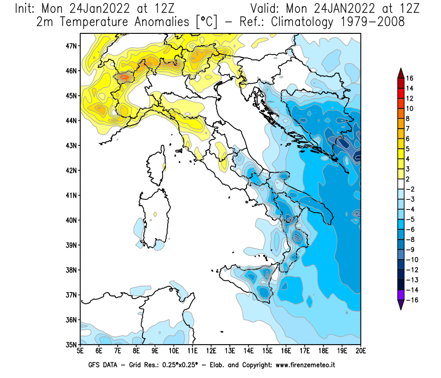 Mappa di analisi GFS - Anomalia Temperatura [°C] a 2 m in Italia
							del 24/01/2022 12 <!--googleoff: index-->UTC<!--googleon: index-->