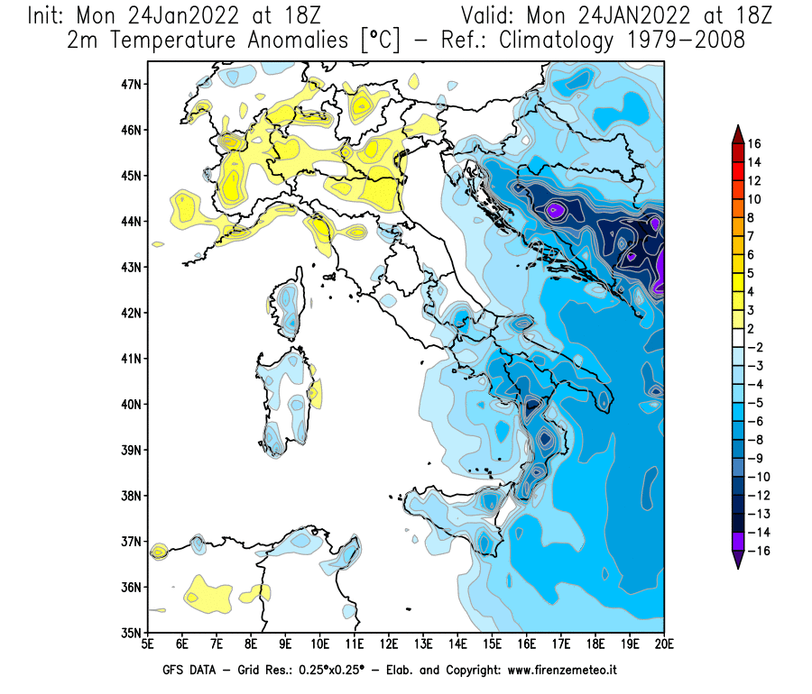 Mappa di analisi GFS - Anomalia Temperatura [°C] a 2 m in Italia
							del 24/01/2022 18 <!--googleoff: index-->UTC<!--googleon: index-->