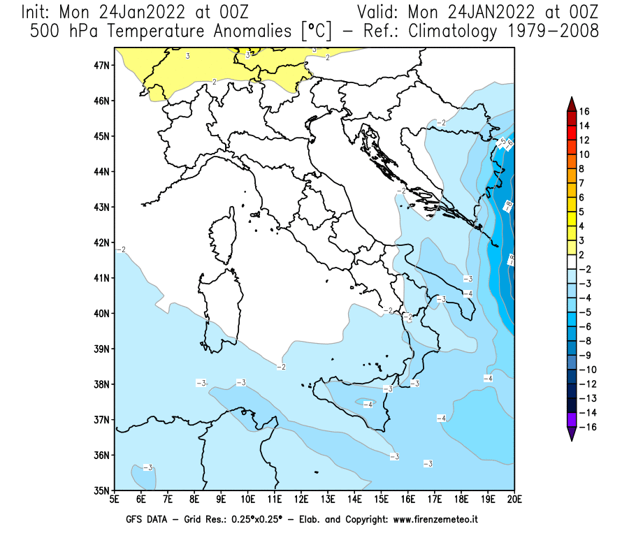 Mappa di analisi GFS - Anomalia Temperatura [°C] a 500 hPa in Italia
							del 24/01/2022 00 <!--googleoff: index-->UTC<!--googleon: index-->