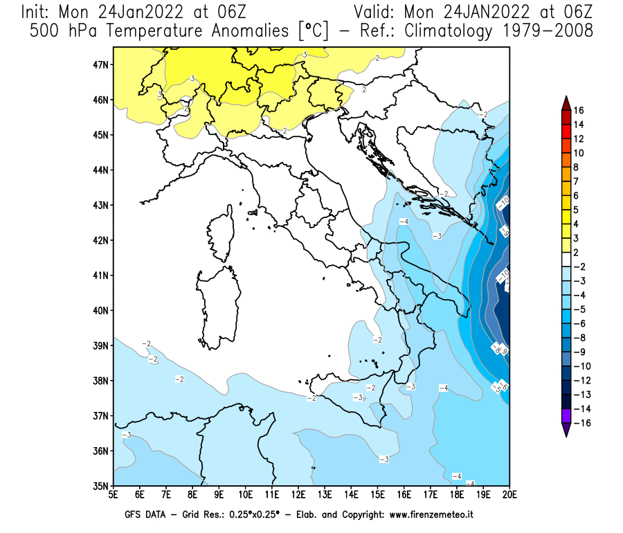 Mappa di analisi GFS - Anomalia Temperatura [°C] a 500 hPa in Italia
							del 24/01/2022 06 <!--googleoff: index-->UTC<!--googleon: index-->