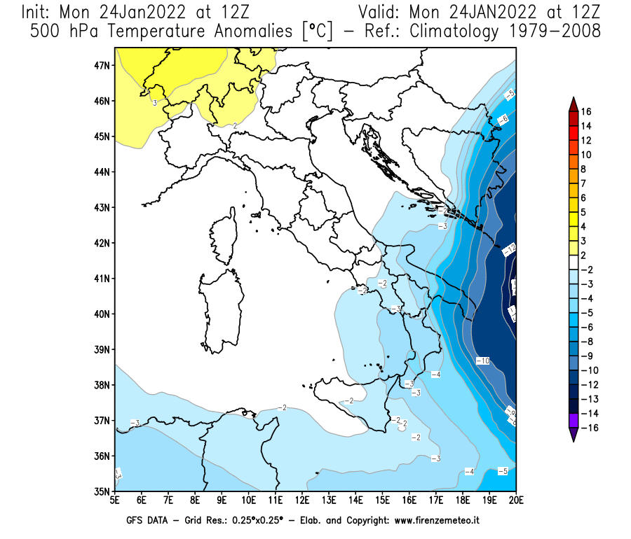 Mappa di analisi GFS - Anomalia Temperatura [°C] a 500 hPa in Italia
							del 24/01/2022 12 <!--googleoff: index-->UTC<!--googleon: index-->