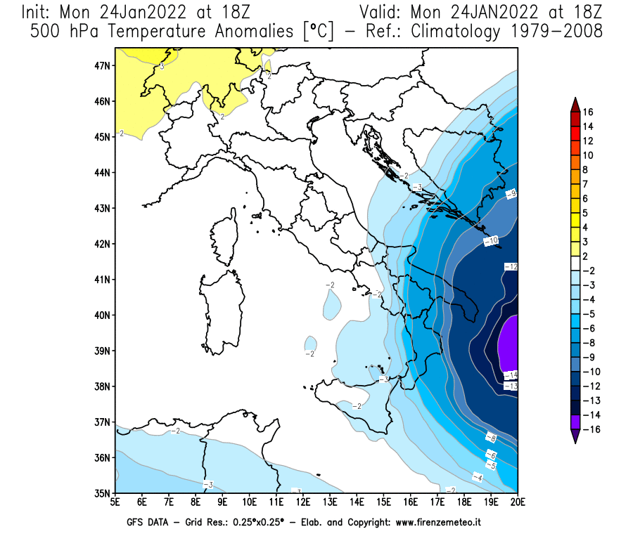 Mappa di analisi GFS - Anomalia Temperatura [°C] a 500 hPa in Italia
							del 24/01/2022 18 <!--googleoff: index-->UTC<!--googleon: index-->