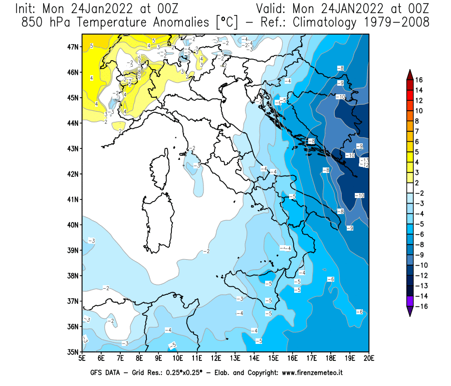 Mappa di analisi GFS - Anomalia Temperatura [°C] a 850 hPa in Italia
							del 24/01/2022 00 <!--googleoff: index-->UTC<!--googleon: index-->