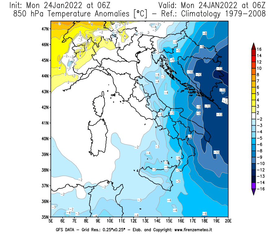 Mappa di analisi GFS - Anomalia Temperatura [°C] a 850 hPa in Italia
							del 24/01/2022 06 <!--googleoff: index-->UTC<!--googleon: index-->