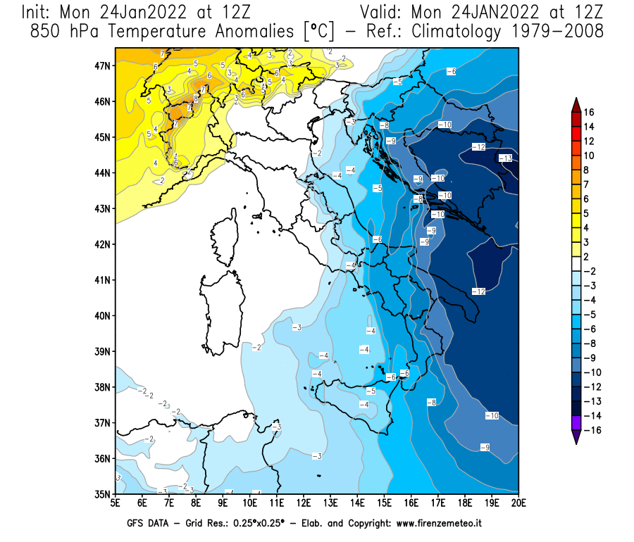 Mappa di analisi GFS - Anomalia Temperatura [°C] a 850 hPa in Italia
							del 24/01/2022 12 <!--googleoff: index-->UTC<!--googleon: index-->