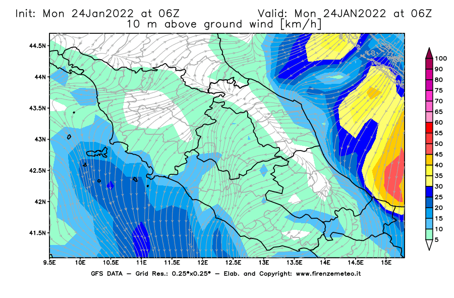Mappa di analisi GFS - Velocità del vento a 10 metri dal suolo [km/h] in Centro-Italia
							del 24/01/2022 06 <!--googleoff: index-->UTC<!--googleon: index-->