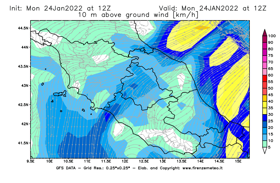 Mappa di analisi GFS - Velocità del vento a 10 metri dal suolo [km/h] in Centro-Italia
							del 24/01/2022 12 <!--googleoff: index-->UTC<!--googleon: index-->