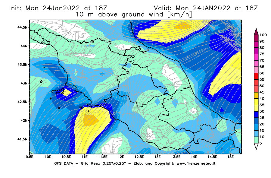Mappa di analisi GFS - Velocità del vento a 10 metri dal suolo [km/h] in Centro-Italia
							del 24/01/2022 18 <!--googleoff: index-->UTC<!--googleon: index-->