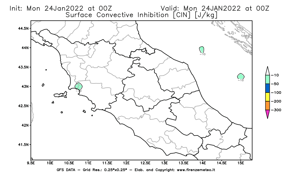 Mappa di analisi GFS - CIN [J/kg] in Centro-Italia
							del 24/01/2022 00 <!--googleoff: index-->UTC<!--googleon: index-->