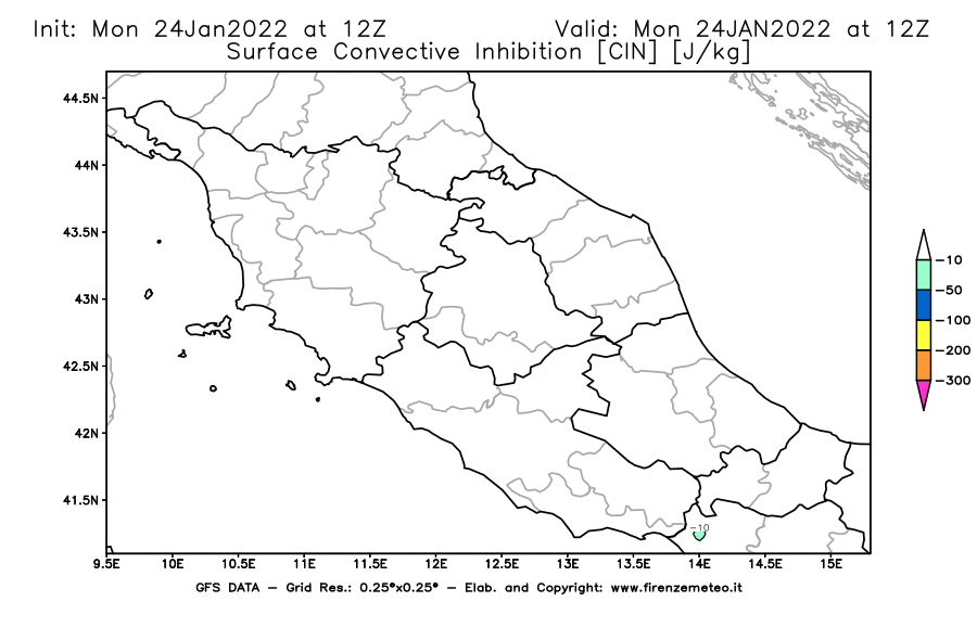 Mappa di analisi GFS - CIN [J/kg] in Centro-Italia
							del 24/01/2022 12 <!--googleoff: index-->UTC<!--googleon: index-->