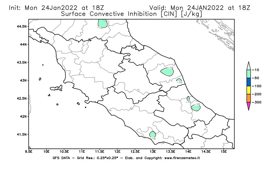 Mappa di analisi GFS - CIN [J/kg] in Centro-Italia
							del 24/01/2022 18 <!--googleoff: index-->UTC<!--googleon: index-->