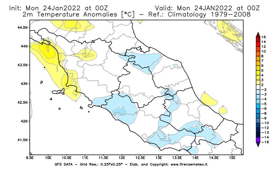 Mappa di analisi GFS - Anomalia Temperatura [°C] a 2 m in Centro-Italia
							del 24/01/2022 00 <!--googleoff: index-->UTC<!--googleon: index-->