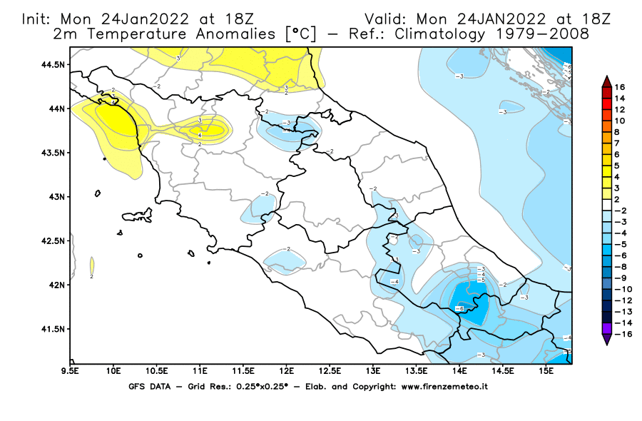 Mappa di analisi GFS - Anomalia Temperatura [°C] a 2 m in Centro-Italia
							del 24/01/2022 18 <!--googleoff: index-->UTC<!--googleon: index-->