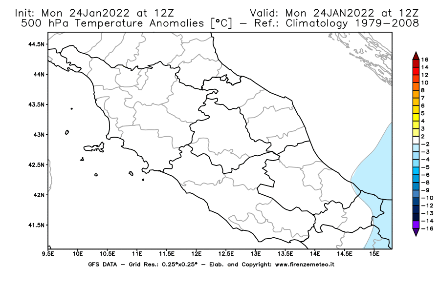 Mappa di analisi GFS - Anomalia Temperatura [°C] a 500 hPa in Centro-Italia
							del 24/01/2022 12 <!--googleoff: index-->UTC<!--googleon: index-->