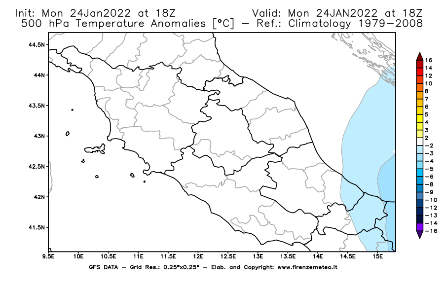 Mappa di analisi GFS - Anomalia Temperatura [°C] a 500 hPa in Centro-Italia
							del 24/01/2022 18 <!--googleoff: index-->UTC<!--googleon: index-->