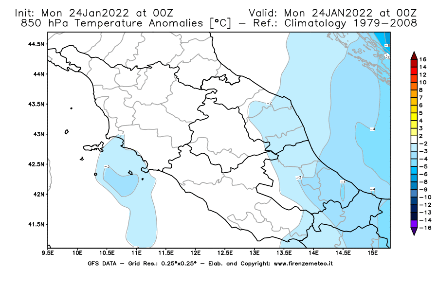 Mappa di analisi GFS - Anomalia Temperatura [°C] a 850 hPa in Centro-Italia
							del 24/01/2022 00 <!--googleoff: index-->UTC<!--googleon: index-->