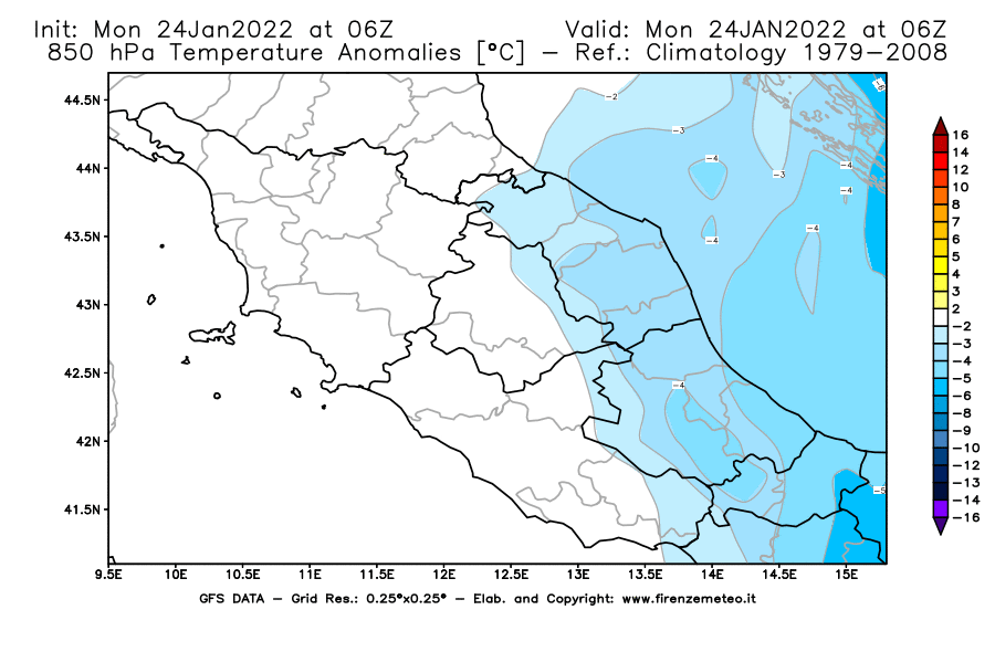 Mappa di analisi GFS - Anomalia Temperatura [°C] a 850 hPa in Centro-Italia
							del 24/01/2022 06 <!--googleoff: index-->UTC<!--googleon: index-->