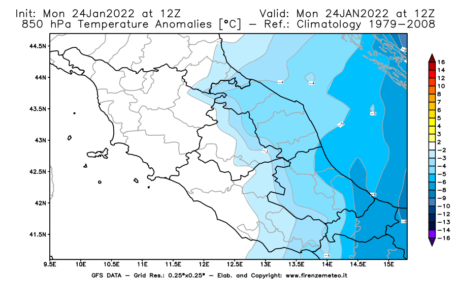 Mappa di analisi GFS - Anomalia Temperatura [°C] a 850 hPa in Centro-Italia
							del 24/01/2022 12 <!--googleoff: index-->UTC<!--googleon: index-->