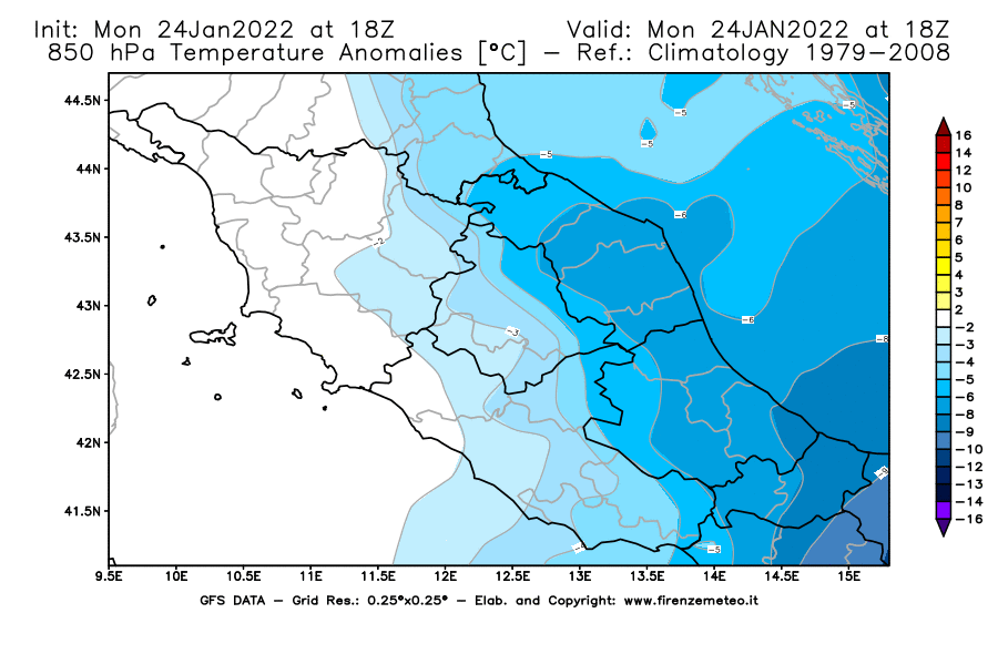 Mappa di analisi GFS - Anomalia Temperatura [°C] a 850 hPa in Centro-Italia
							del 24/01/2022 18 <!--googleoff: index-->UTC<!--googleon: index-->