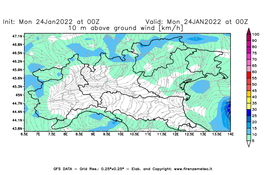 Mappa di analisi GFS - Velocità del vento a 10 metri dal suolo [km/h] in Nord-Italia
							del 24/01/2022 00 <!--googleoff: index-->UTC<!--googleon: index-->