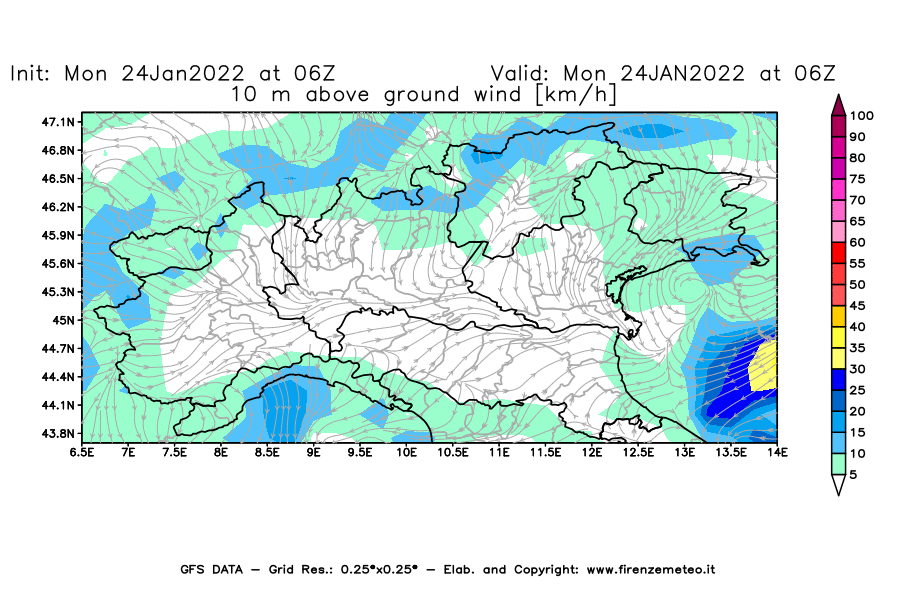 Mappa di analisi GFS - Velocità del vento a 10 metri dal suolo [km/h] in Nord-Italia
							del 24/01/2022 06 <!--googleoff: index-->UTC<!--googleon: index-->