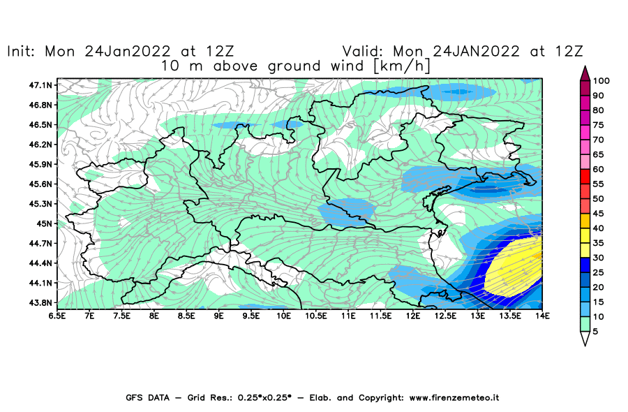 Mappa di analisi GFS - Velocità del vento a 10 metri dal suolo [km/h] in Nord-Italia
							del 24/01/2022 12 <!--googleoff: index-->UTC<!--googleon: index-->