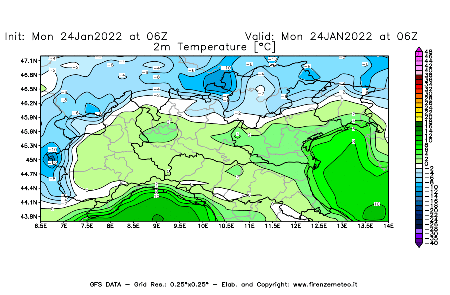 Mappa di analisi GFS - Temperatura a 2 metri dal suolo [°C] in Nord-Italia
							del 24/01/2022 06 <!--googleoff: index-->UTC<!--googleon: index-->