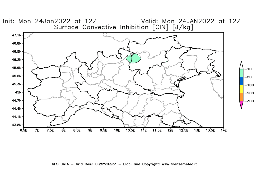 Mappa di analisi GFS - CIN [J/kg] in Nord-Italia
							del 24/01/2022 12 <!--googleoff: index-->UTC<!--googleon: index-->