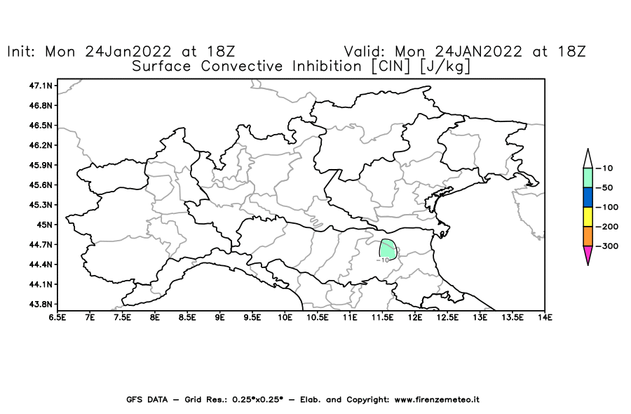Mappa di analisi GFS - CIN [J/kg] in Nord-Italia
							del 24/01/2022 18 <!--googleoff: index-->UTC<!--googleon: index-->