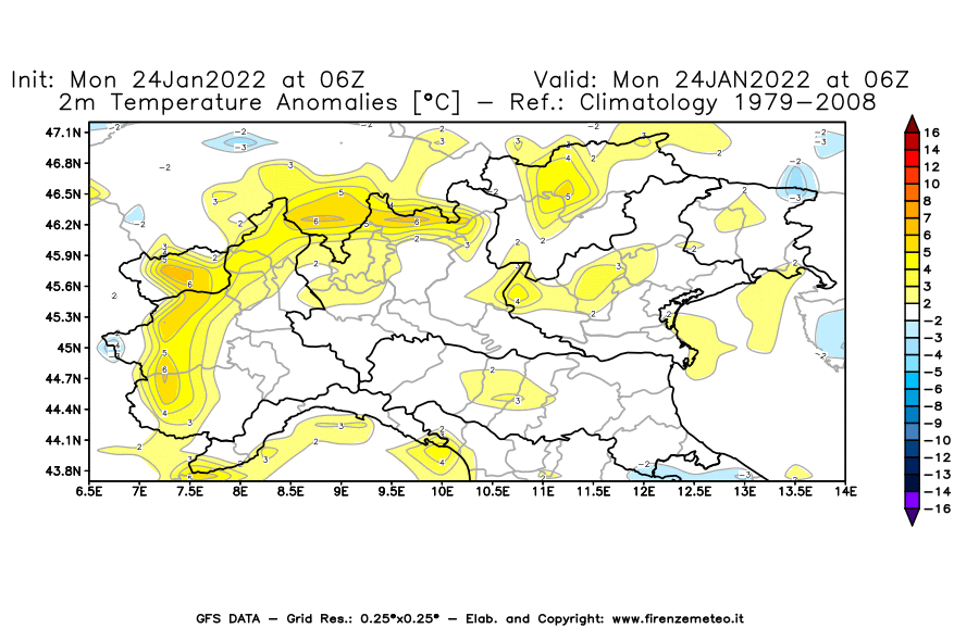 Mappa di analisi GFS - Anomalia Temperatura [°C] a 2 m in Nord-Italia
							del 24/01/2022 06 <!--googleoff: index-->UTC<!--googleon: index-->