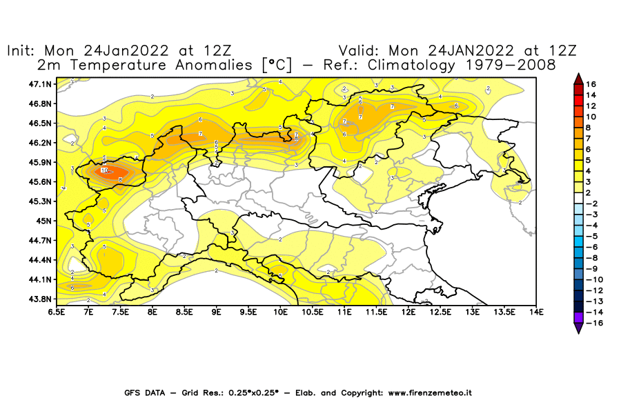 Mappa di analisi GFS - Anomalia Temperatura [°C] a 2 m in Nord-Italia
							del 24/01/2022 12 <!--googleoff: index-->UTC<!--googleon: index-->