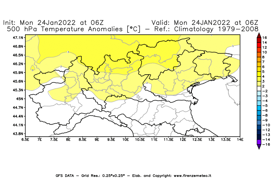 Mappa di analisi GFS - Anomalia Temperatura [°C] a 500 hPa in Nord-Italia
							del 24/01/2022 06 <!--googleoff: index-->UTC<!--googleon: index-->