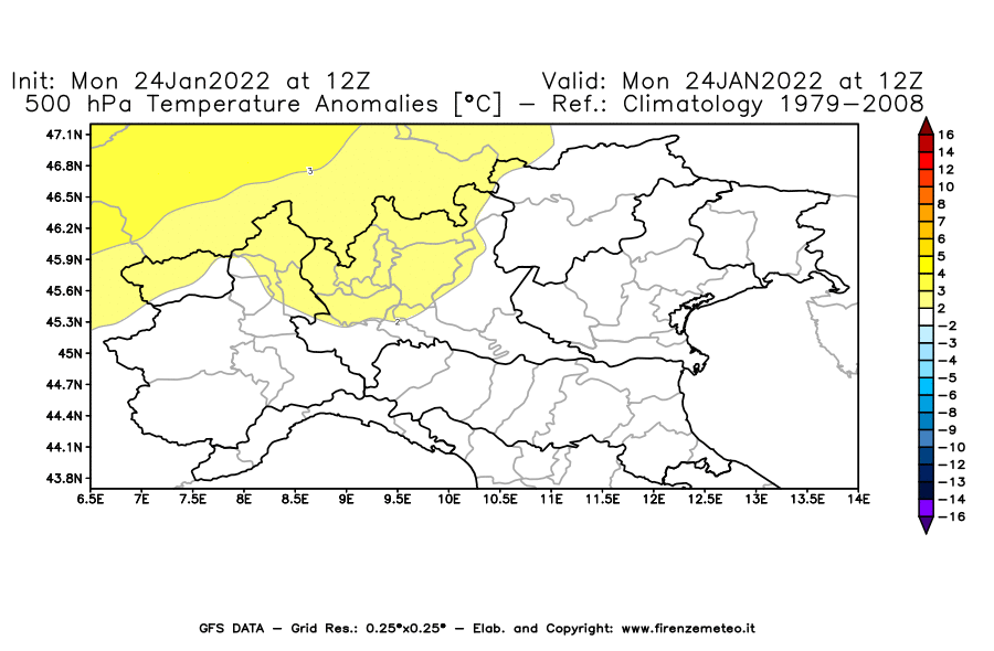 Mappa di analisi GFS - Anomalia Temperatura [°C] a 500 hPa in Nord-Italia
							del 24/01/2022 12 <!--googleoff: index-->UTC<!--googleon: index-->