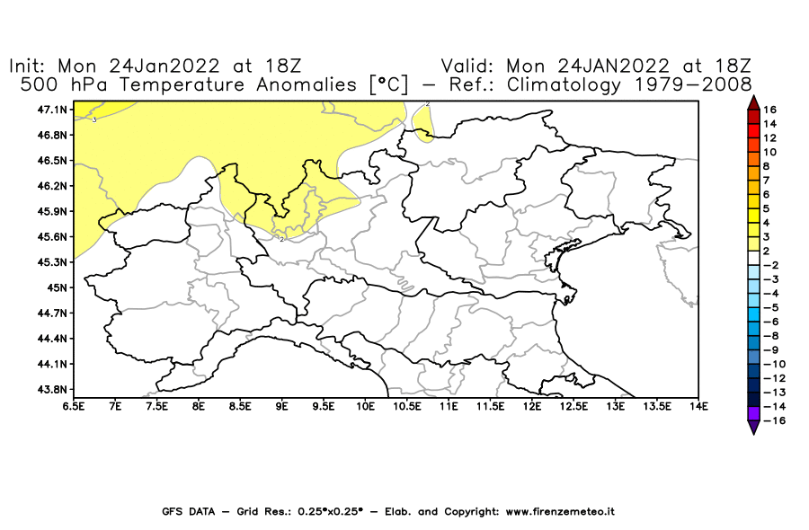 Mappa di analisi GFS - Anomalia Temperatura [°C] a 500 hPa in Nord-Italia
							del 24/01/2022 18 <!--googleoff: index-->UTC<!--googleon: index-->
